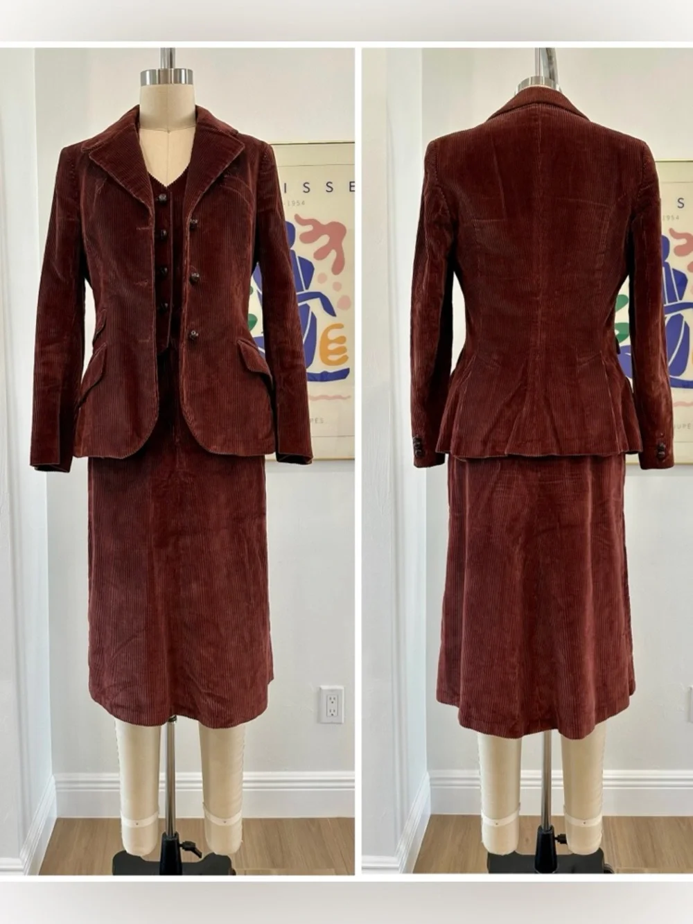 Vintage 60βs/70βs Brown Three-Piece Corduroy Skirt Suit - Picture 2 of 16